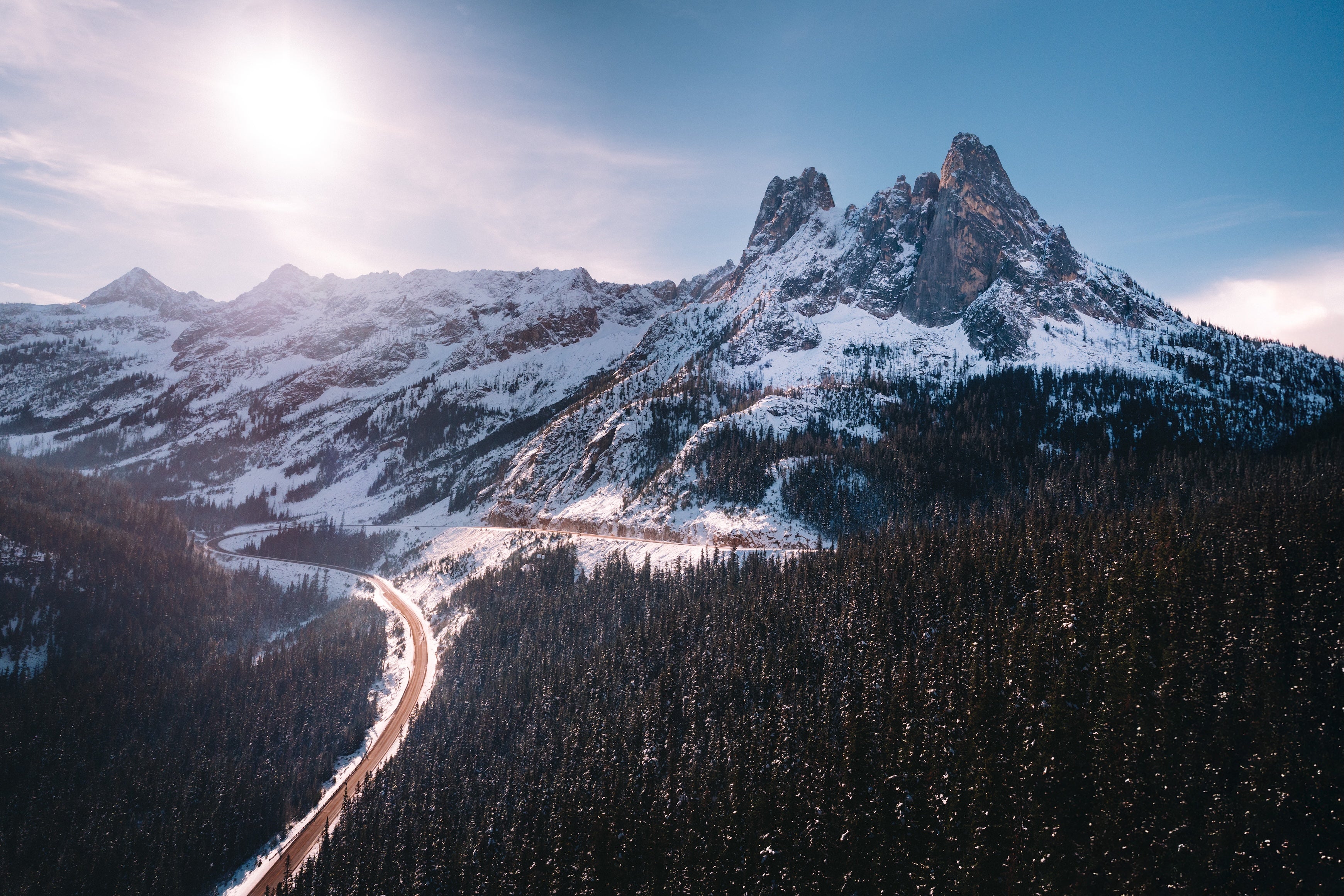 Image of Liberty Bell Mountain in the North Cascades with snow.